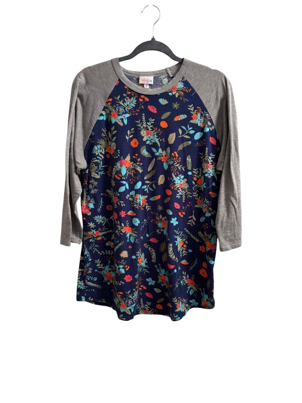 LulaRoe Floral Navy‎ Raglan Tunic Top - Gray Sleeves - Size XL